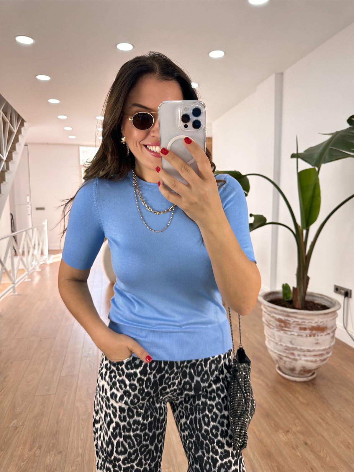 Dilvin Bisiklet Yaka Arkası Düğmeli Triko-Mavi