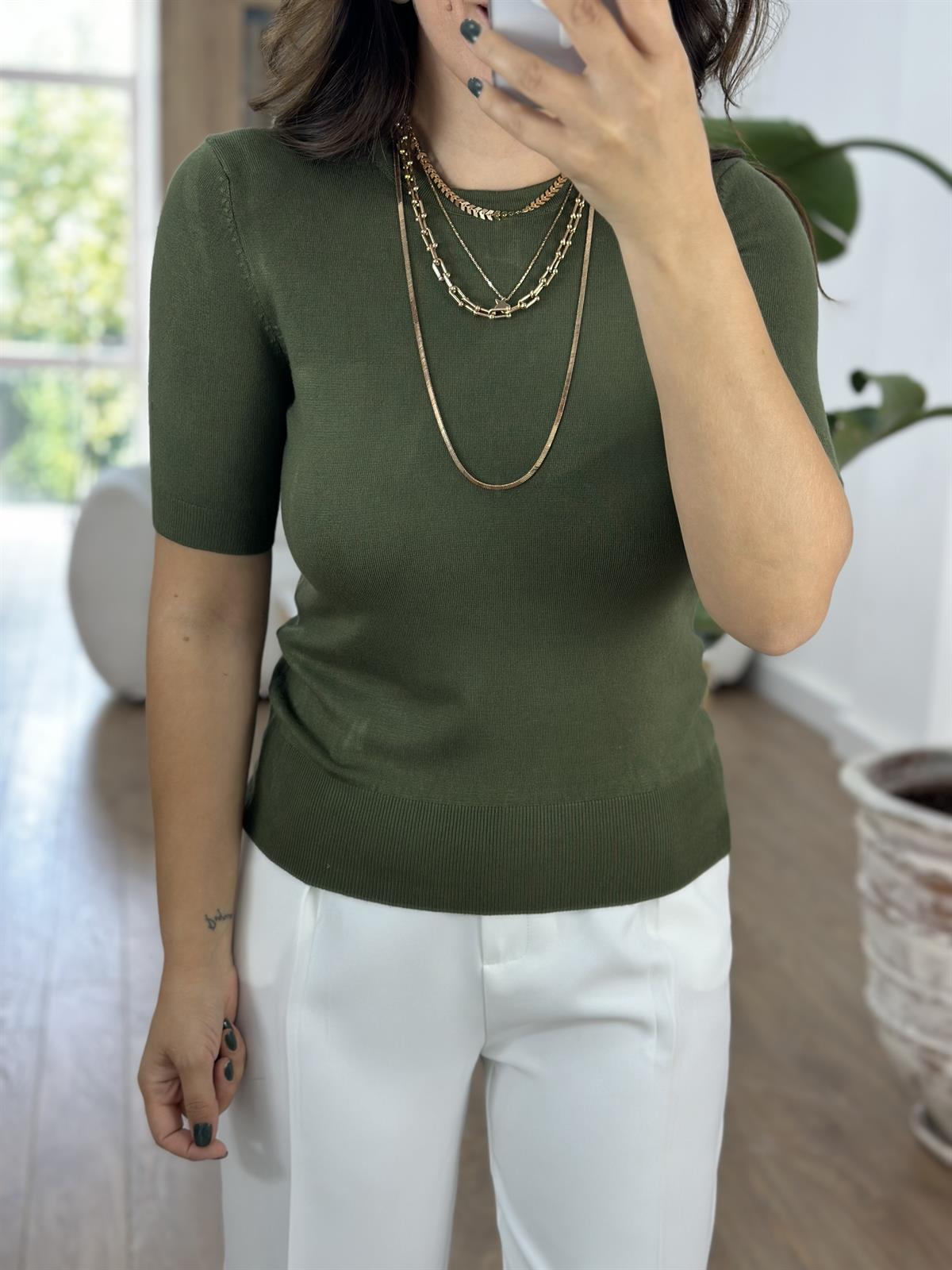 Dilvin Bisiklet Yaka Arkası Düğmeli Triko - Haki