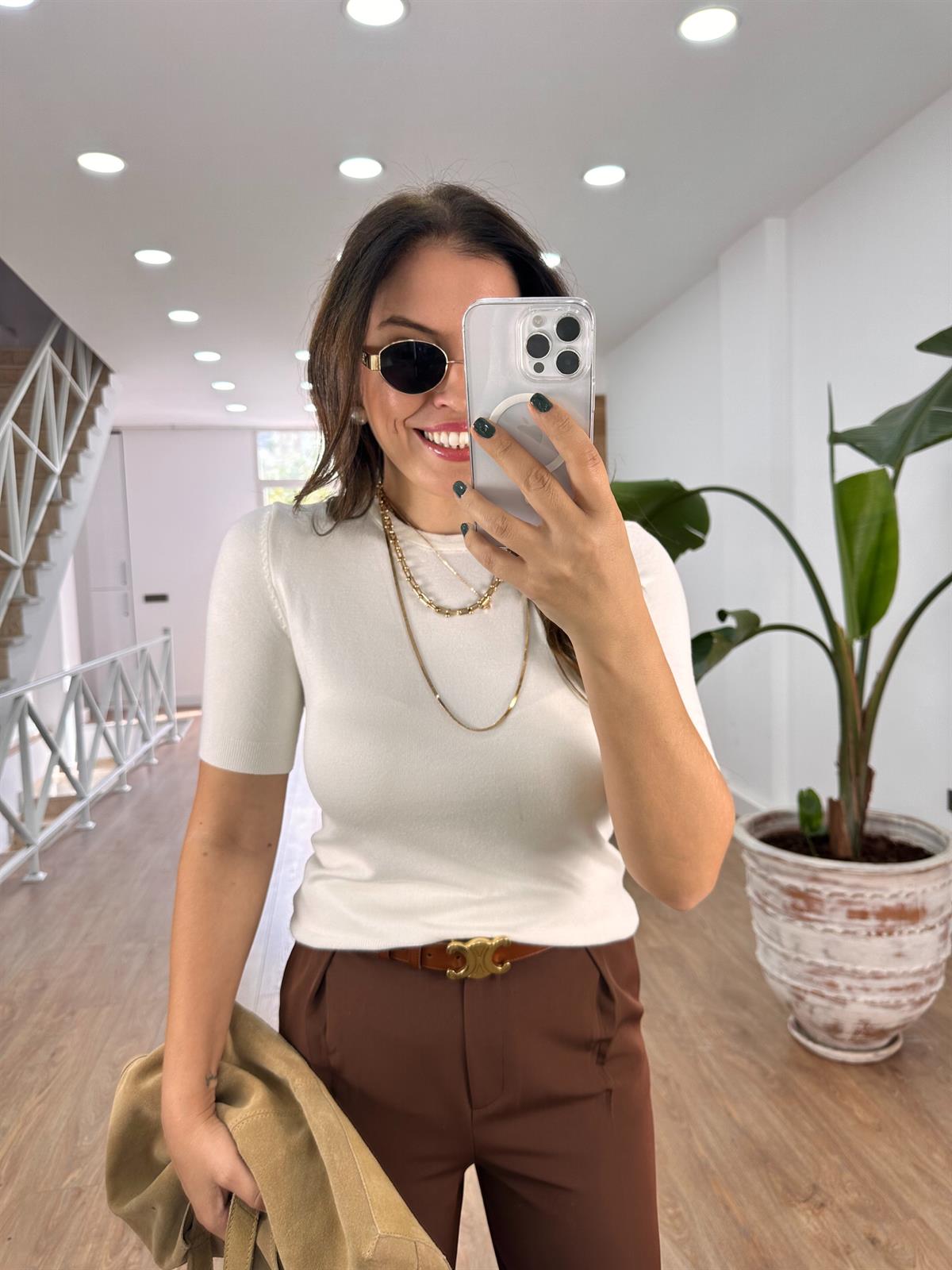 Dilvin Bisiklet Yaka Arkası Düğmeli Triko Ekru