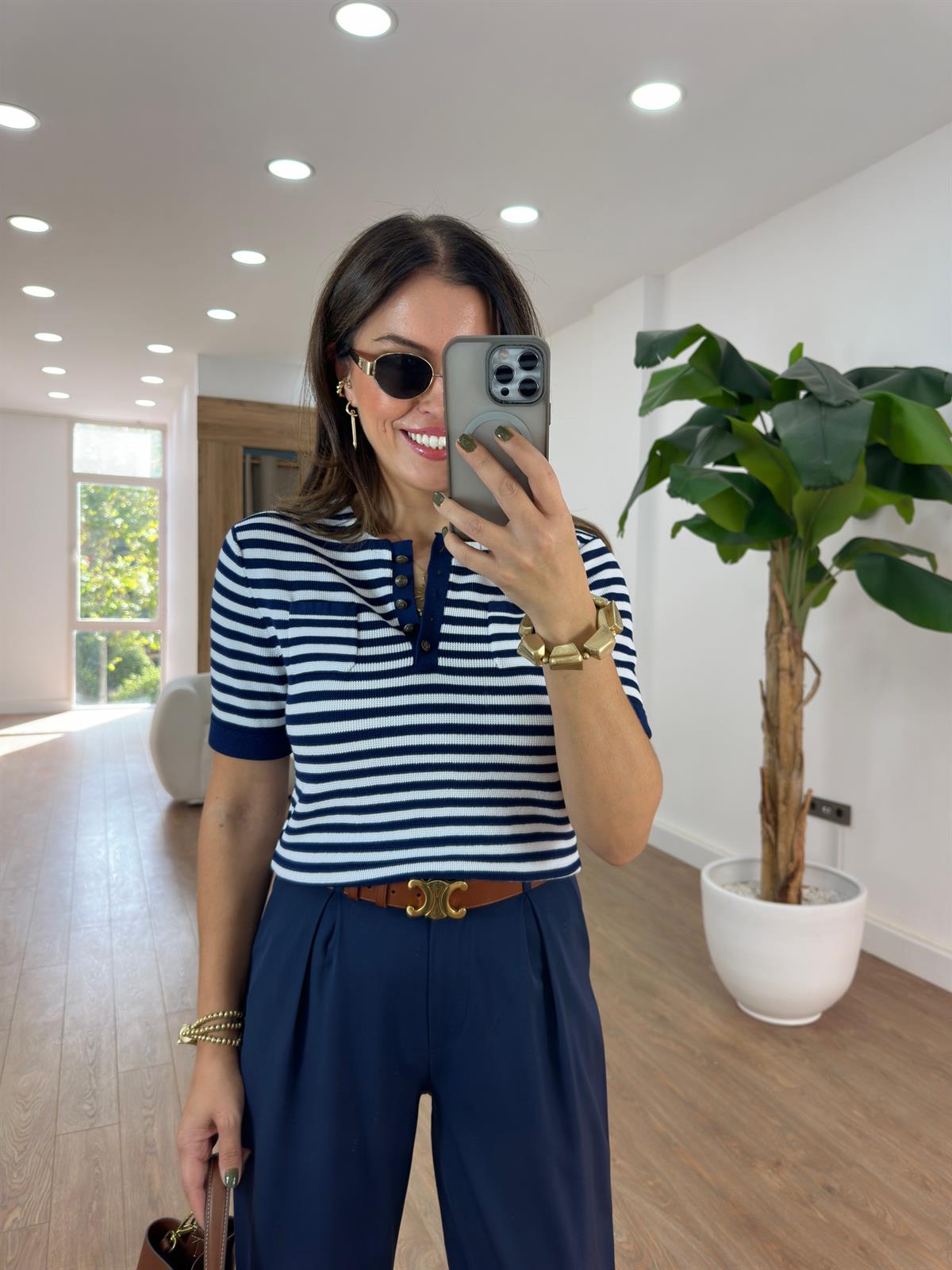 Dilvin Bisiklet Yaka Çizgili Düğmeli Triko Bluz - Lacivert