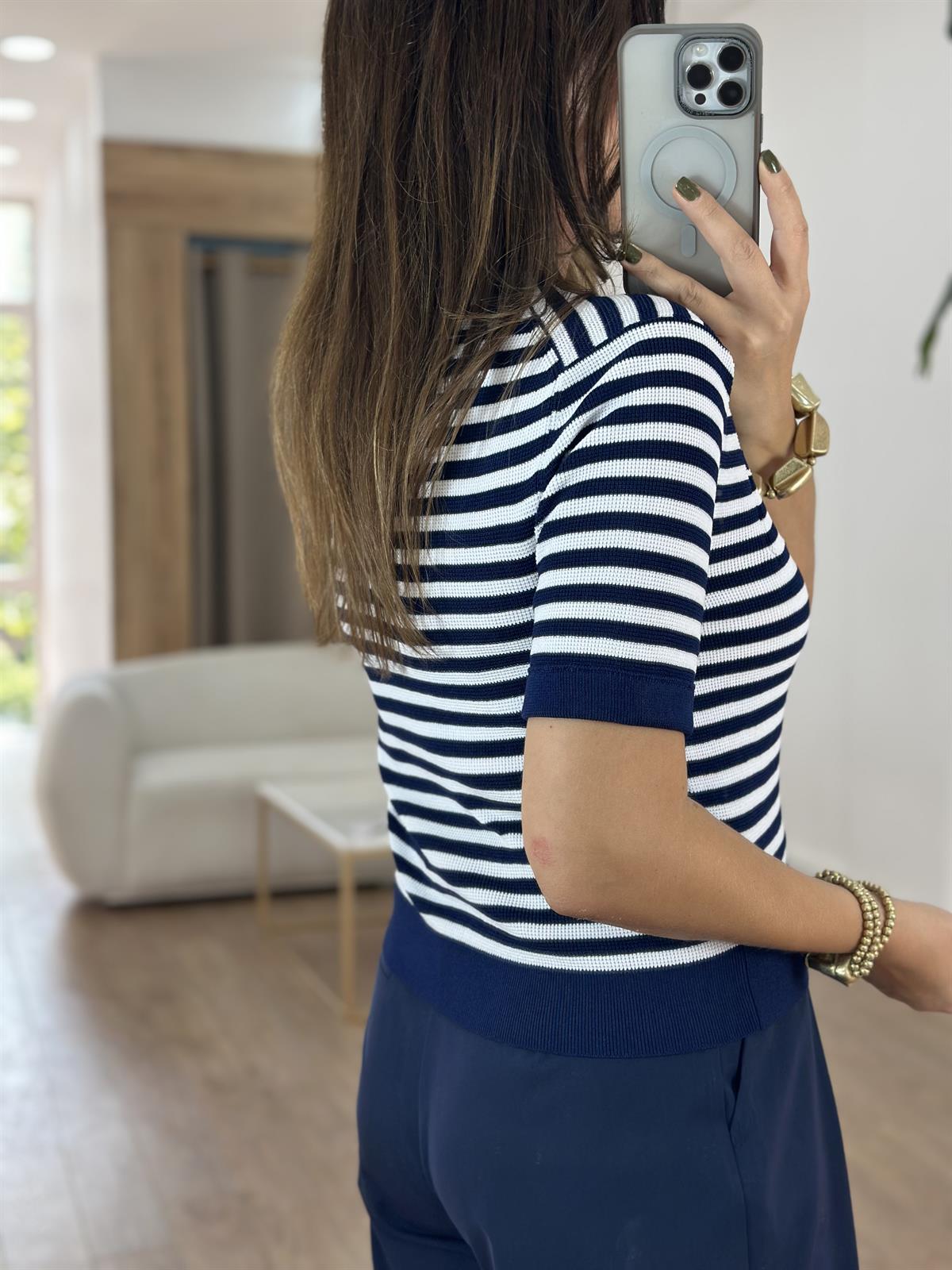 Dilvin Bisiklet Yaka Çizgili Düğmeli Triko Bluz - Lacivert