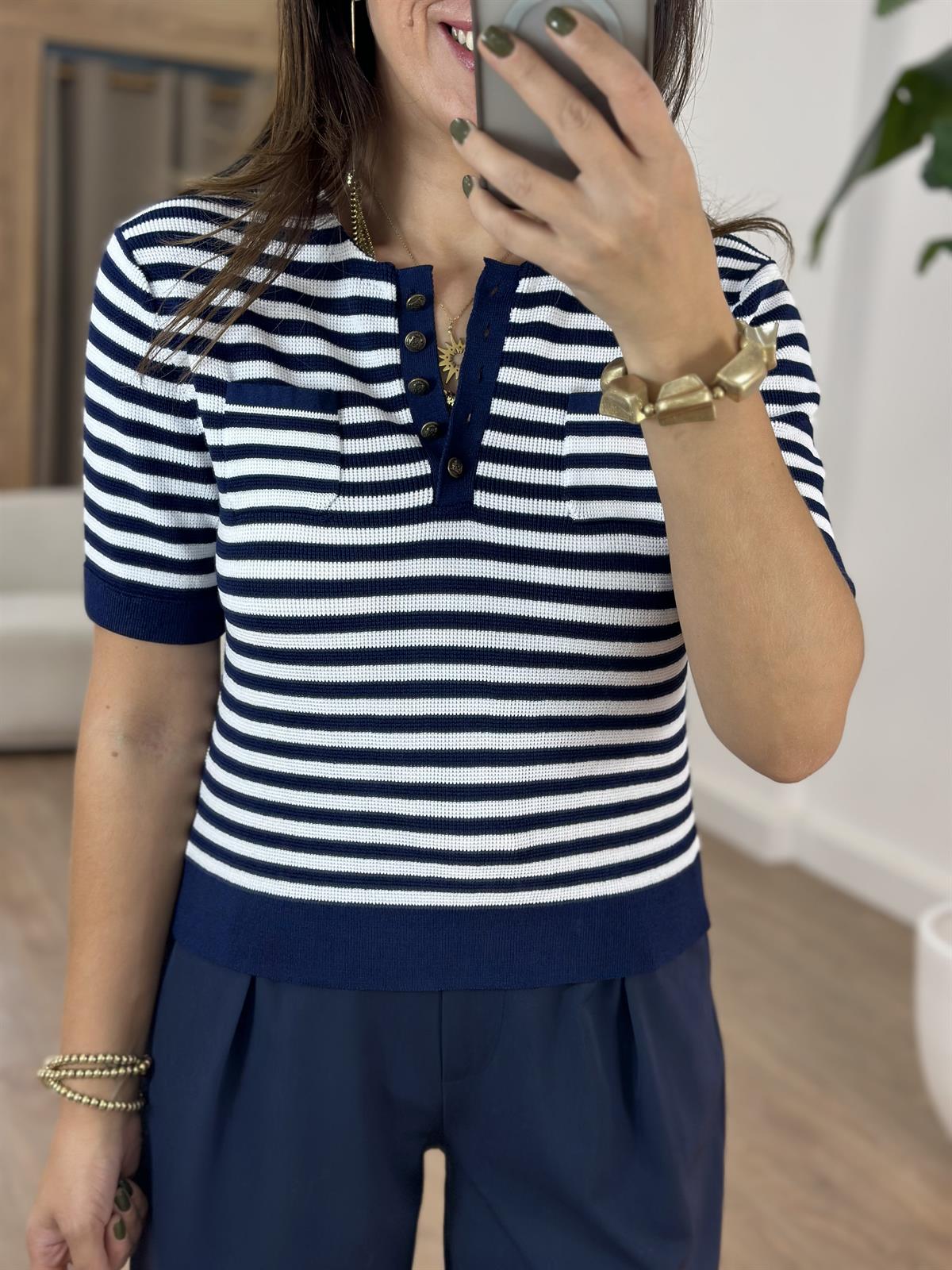 Dilvin Bisiklet Yaka Çizgili Düğmeli Triko Bluz - Lacivert