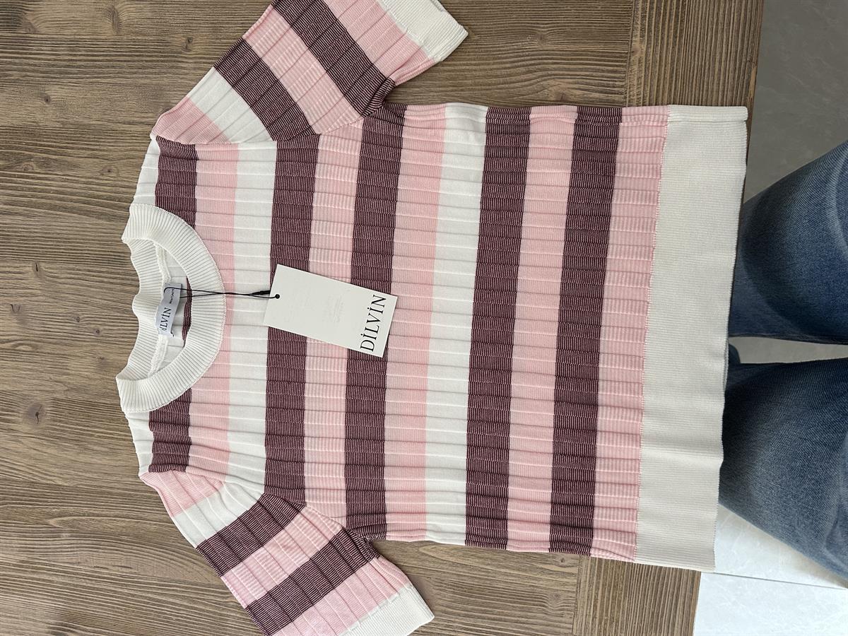 Dilvin Bisiklet Yaka Çizgili Yumuşak Dokulu Triko Bluz 