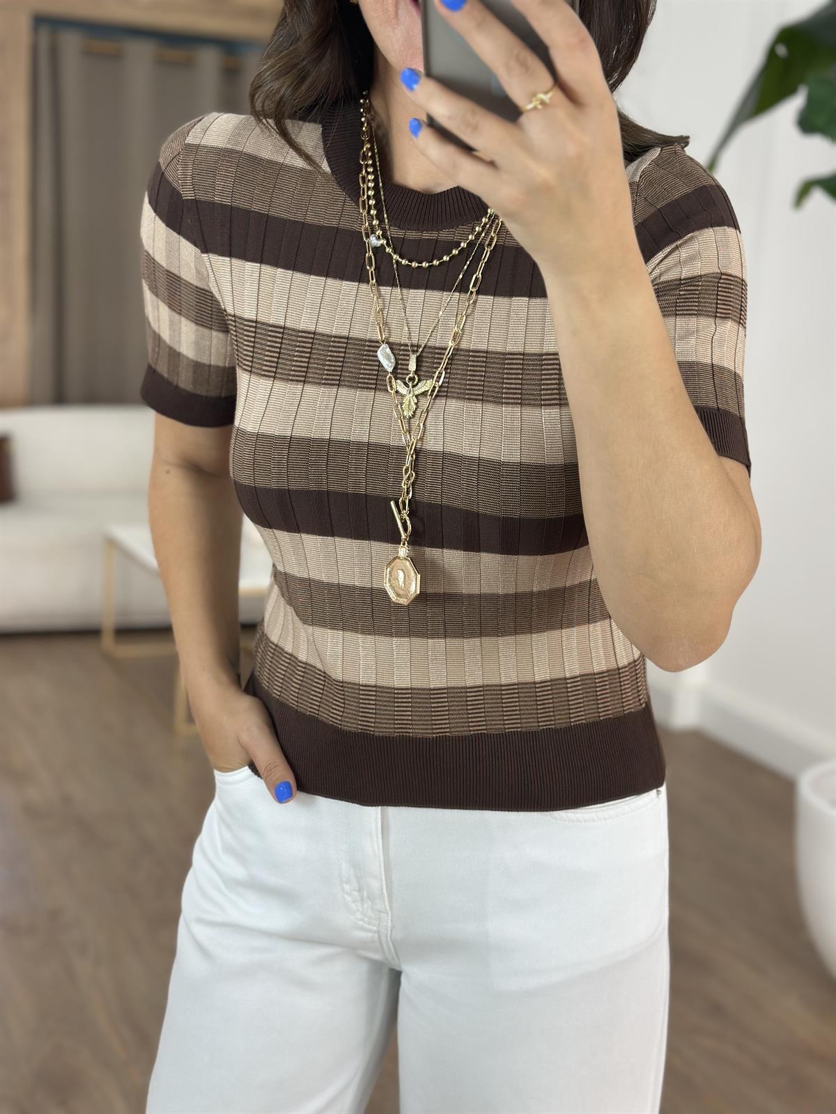 Dilvin Bisiklet Yaka Çizgili Yumuşak Dokulu Triko Bluz