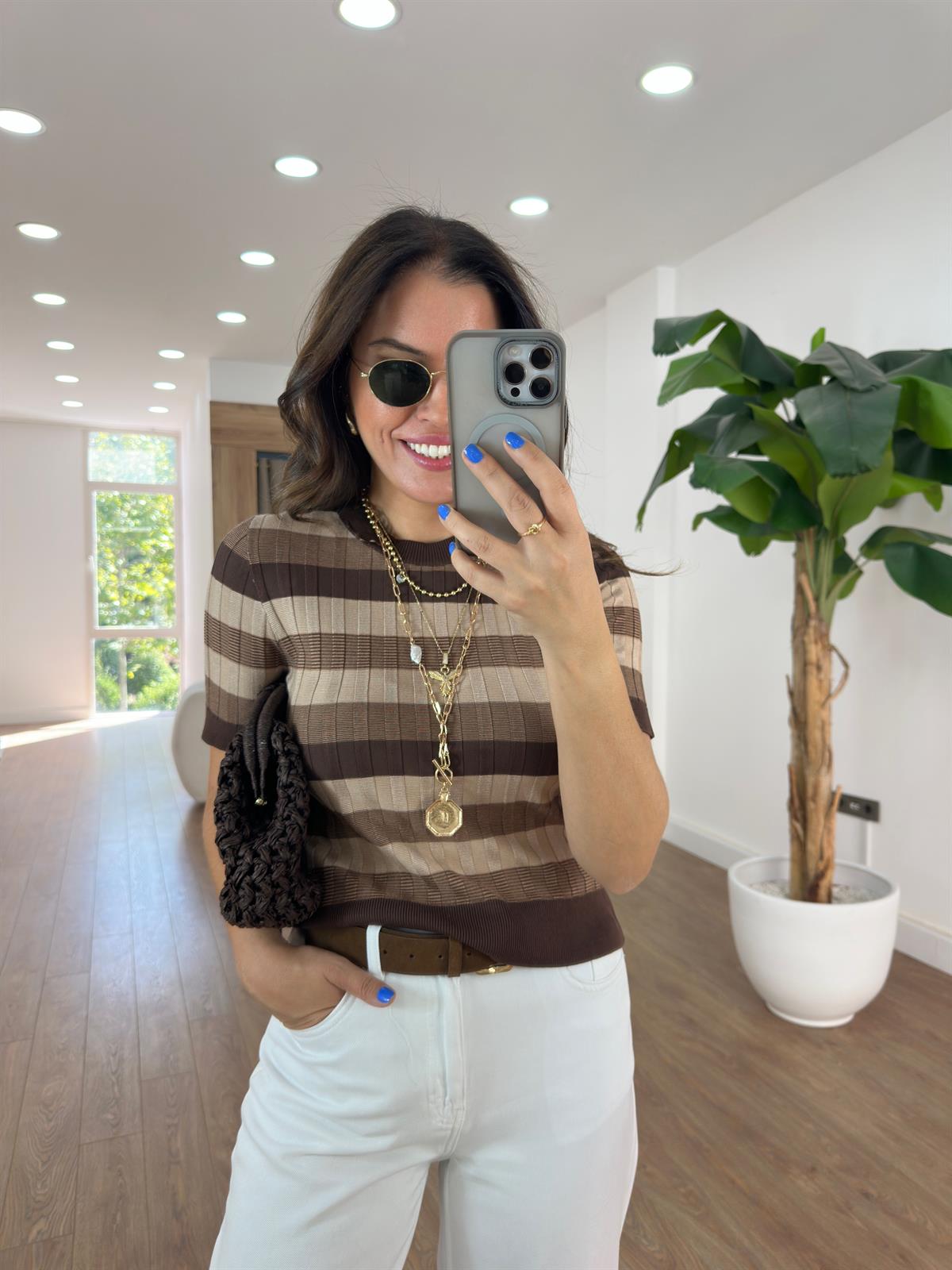 Dilvin Bisiklet Yaka Çizgili Yumuşak Dokulu Triko Bluz