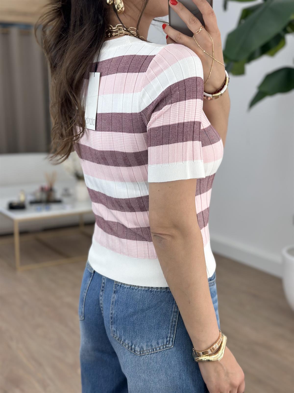 Dilvin Bisiklet Yaka Çizgili Yumuşak Dokulu Triko Bluz 