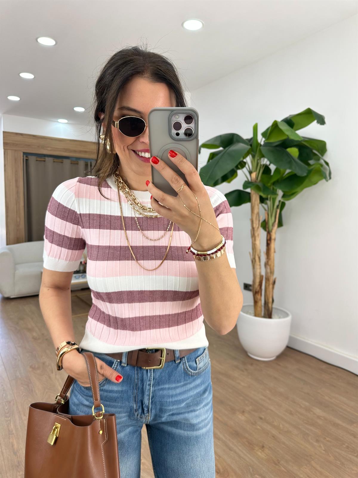 Dilvin Bisiklet Yaka Çizgili Yumuşak Dokulu Triko Bluz 