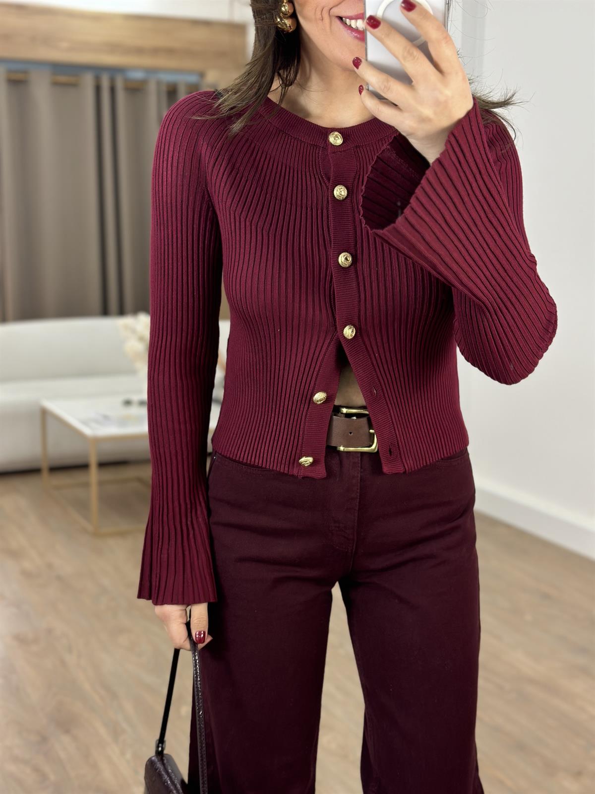 Dilvin Bisiklet Yaka Düğmeli İspanyol Kol Triko Hırka - Bordo