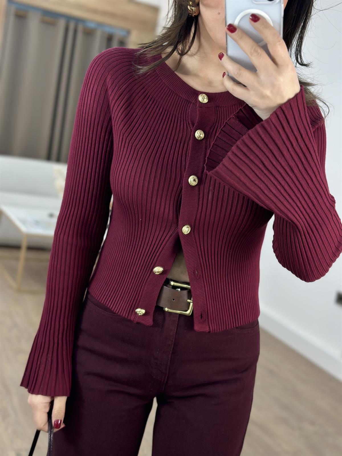 Dilvin Bisiklet Yaka Düğmeli İspanyol Kol Triko Hırka - Bordo