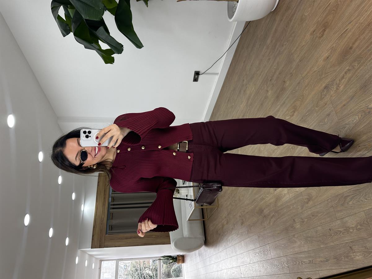 Dilvin Bisiklet Yaka Düğmeli İspanyol Kol Triko Hırka - Bordo