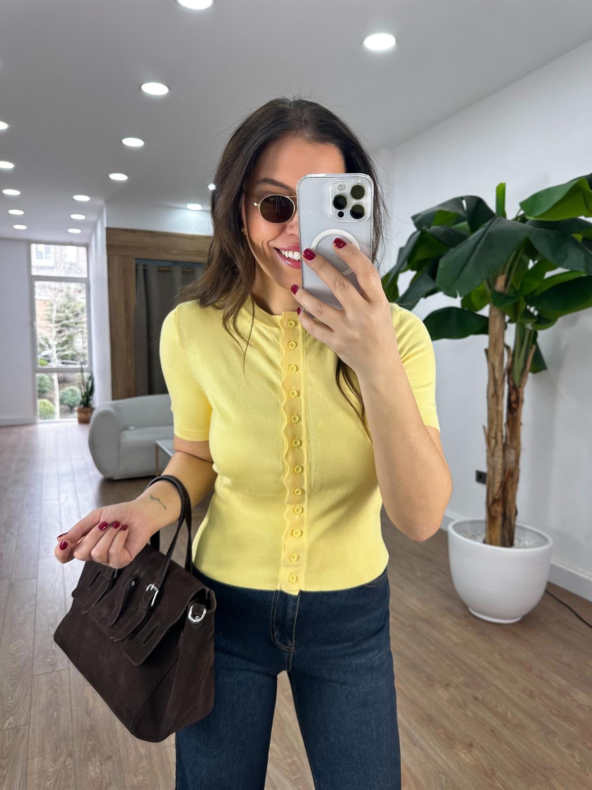 Dilvin Bisiklet Yaka Düğmeli Triko Hırka - Sarı