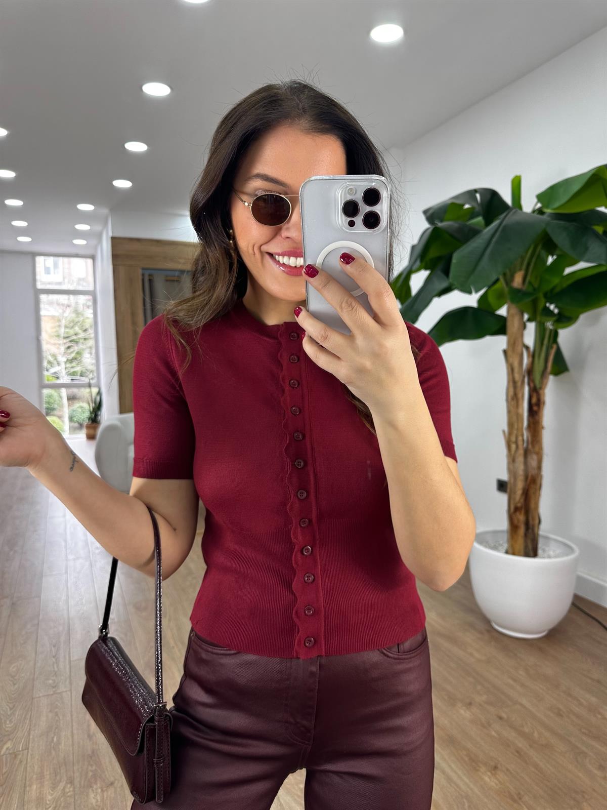 Dilvin Bisiklet Yaka Düğmeli Triko Hırka - Bordo