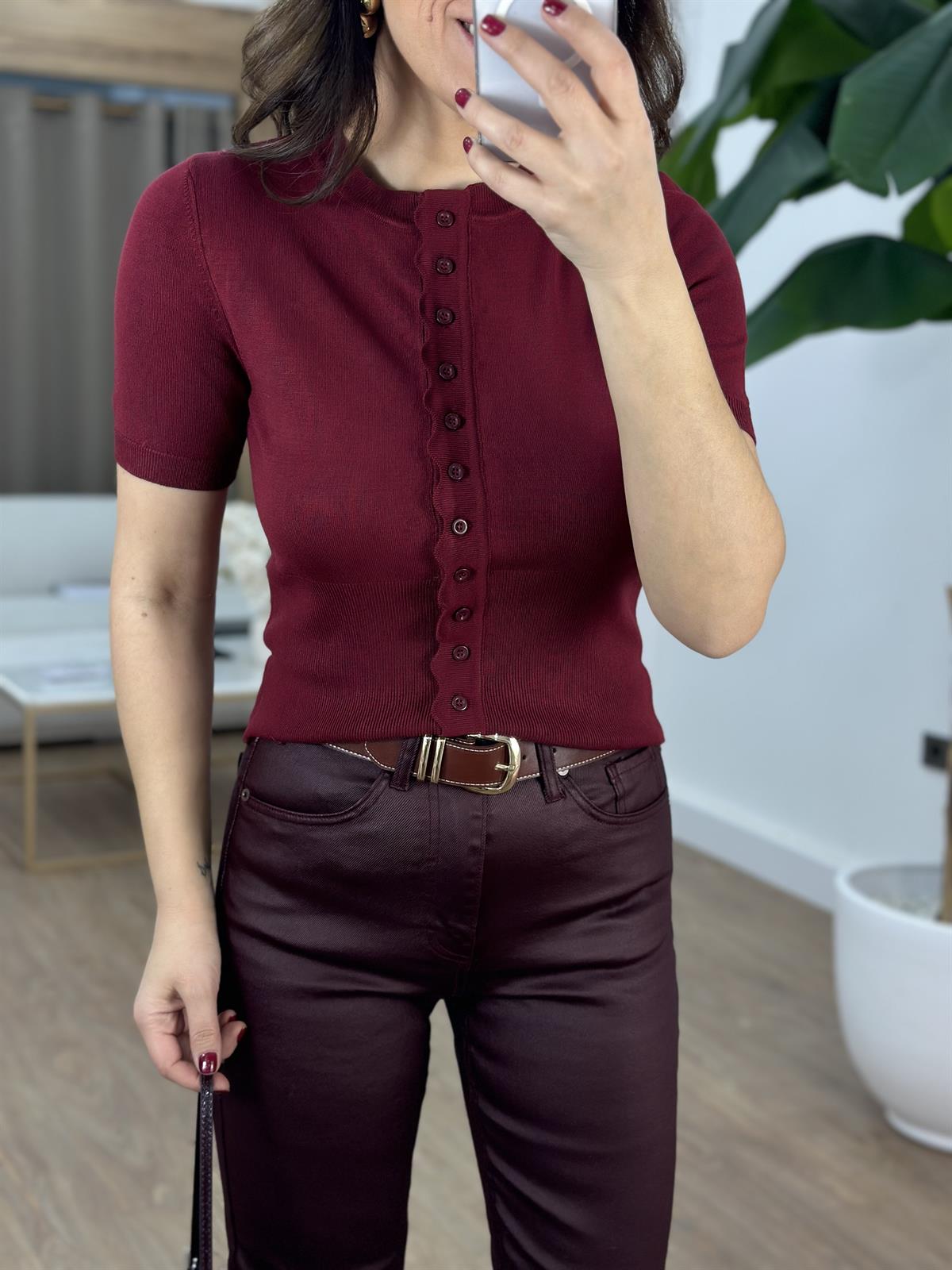 Dilvin Bisiklet Yaka Düğmeli Triko Hırka - Bordo