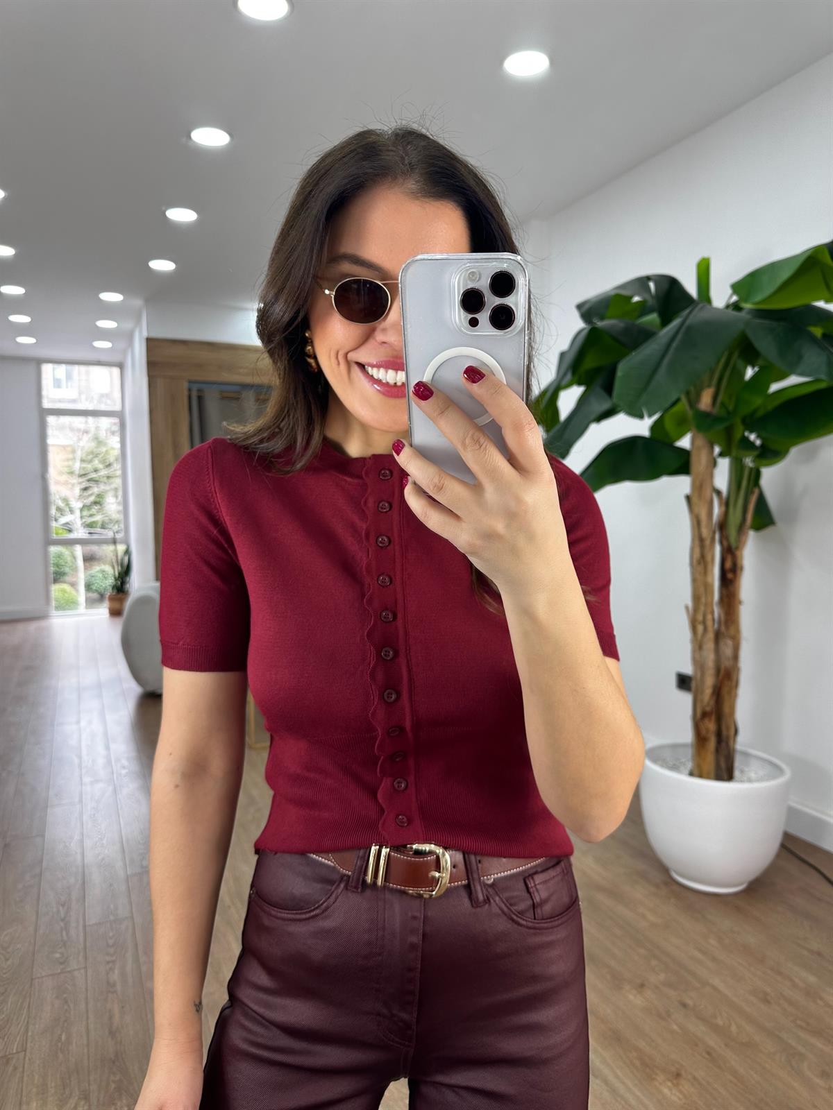 Dilvin Bisiklet Yaka Düğmeli Triko Hırka - Bordo