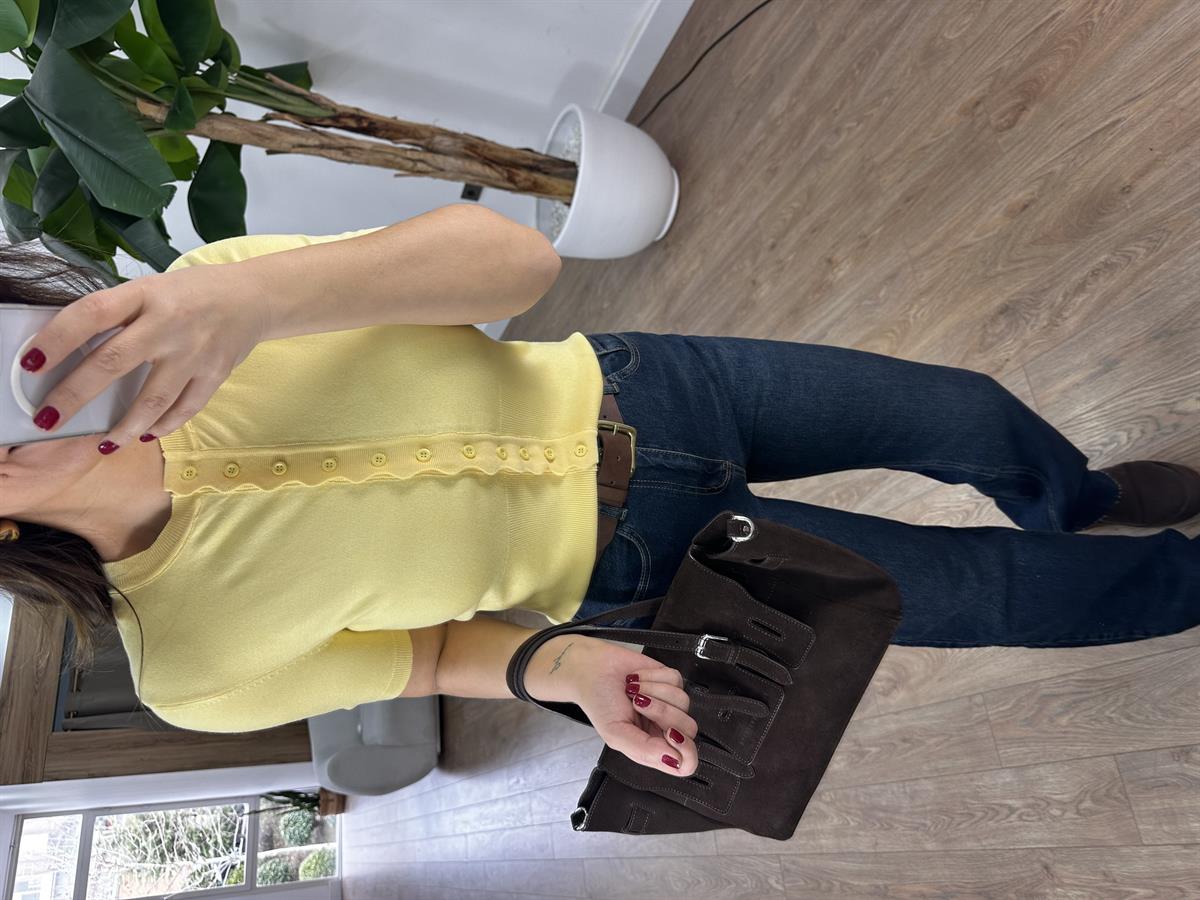 Dilvin Bisiklet Yaka Düğmeli Triko Hırka - Sarı