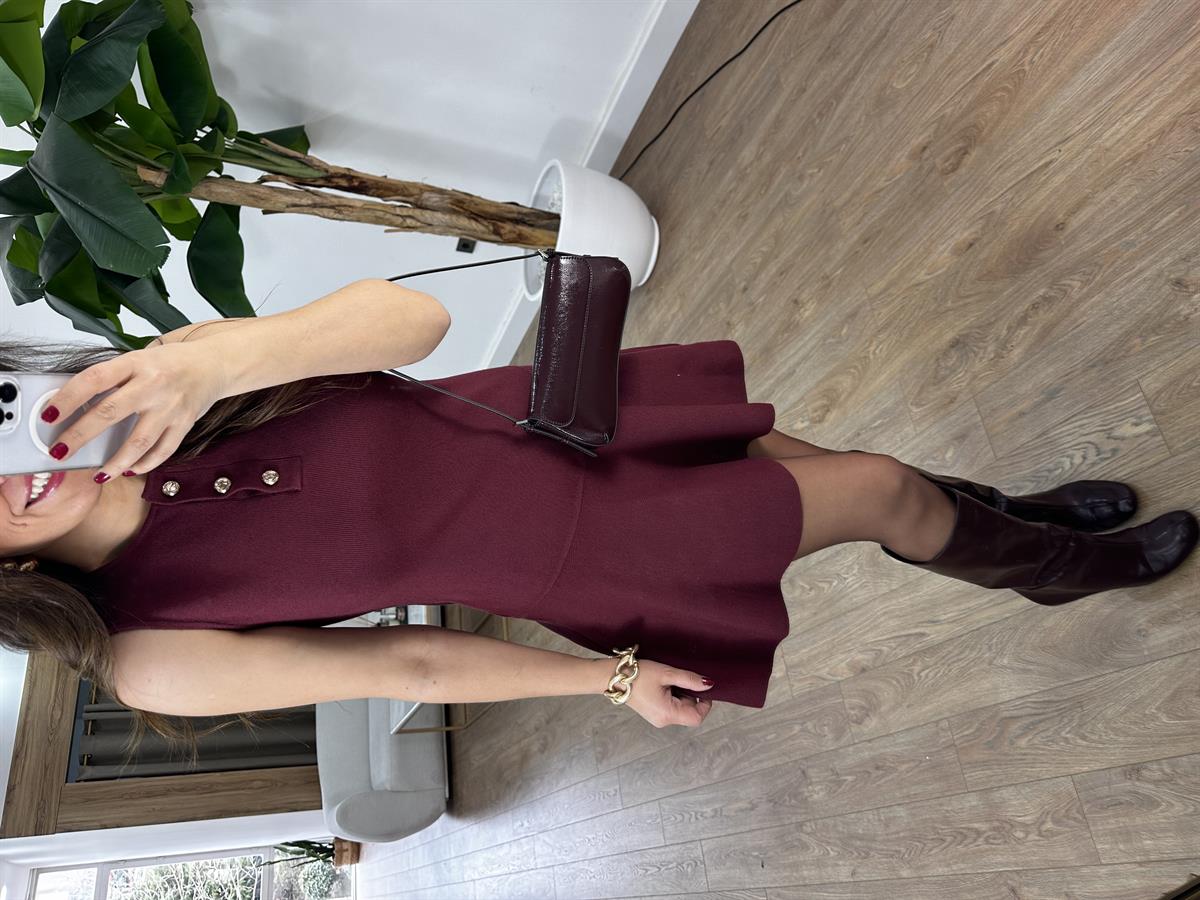 Dilvin Bisiklet Yaka Düğmeli Volanlı Triko Elbise - Bordo