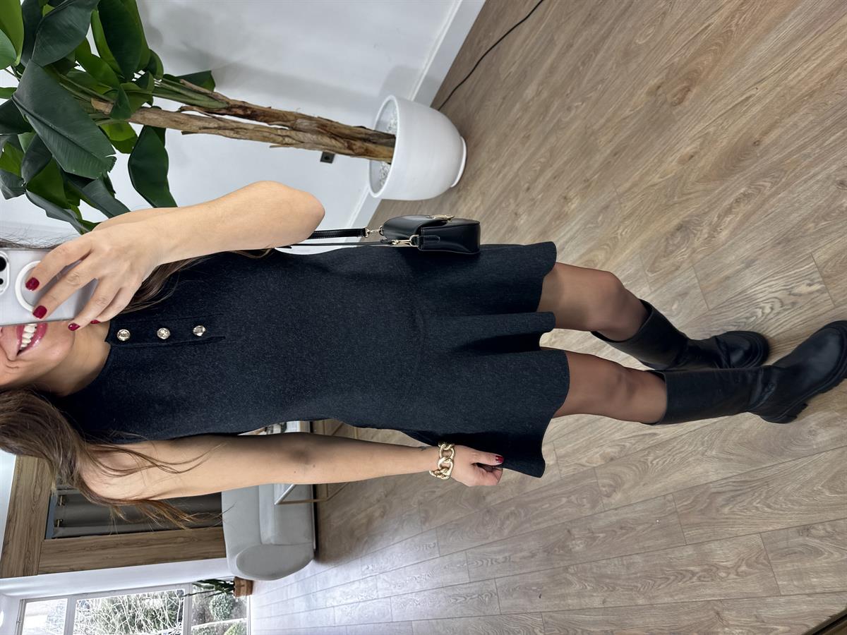 Dilvin Bisiklet Yaka Düğmeli Volanlı Triko Elbise - Antrasit