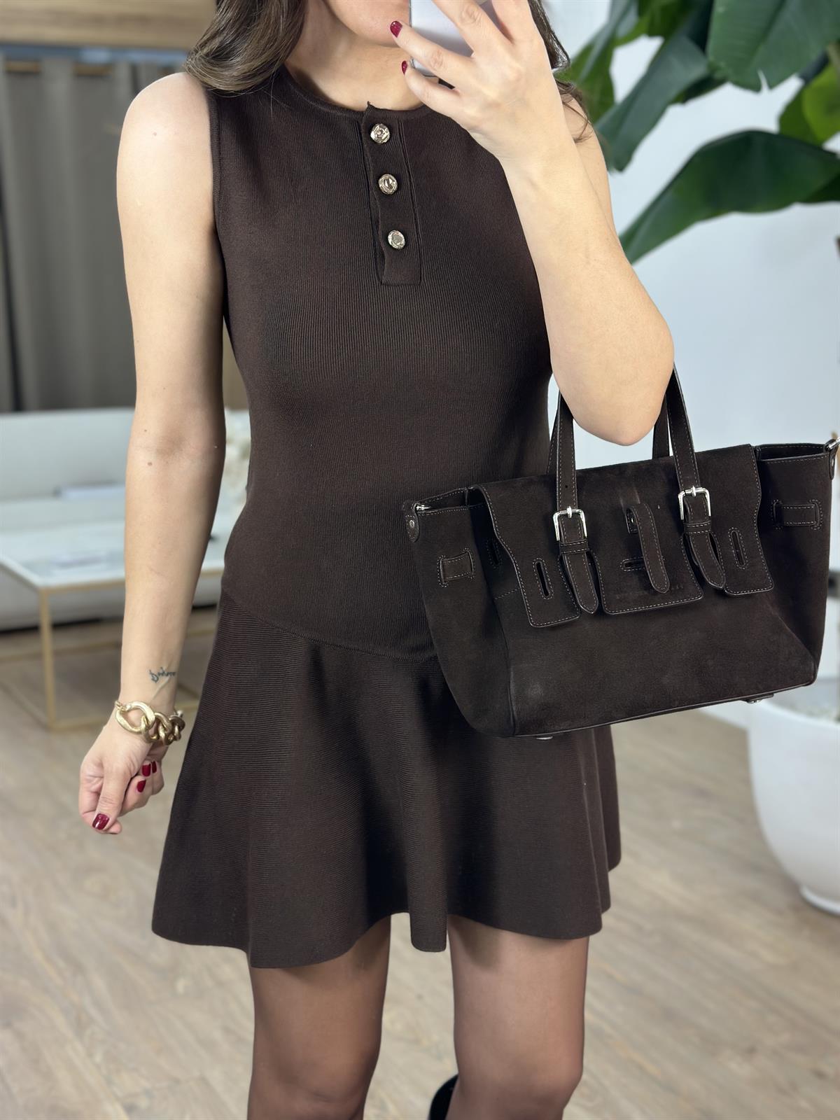 Dilvin Bisiklet Yaka Düğmeli Volanlı Triko Elbise - Kahverengi