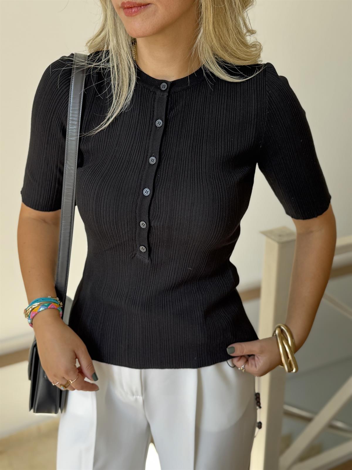 Dilvin Bisiklet Yaka Fitilli Düğmeli İnce Triko - Siyah