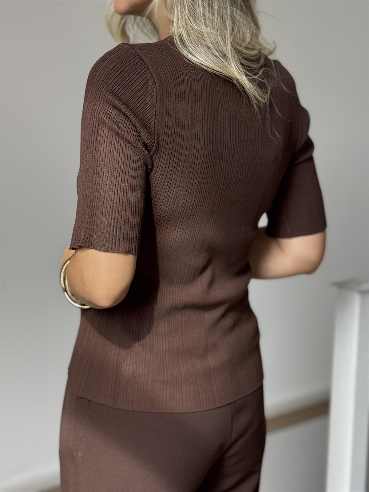 Dilvin Bisiklet Yaka Fitilli Düğmeli İnce Triko - Kahverengi