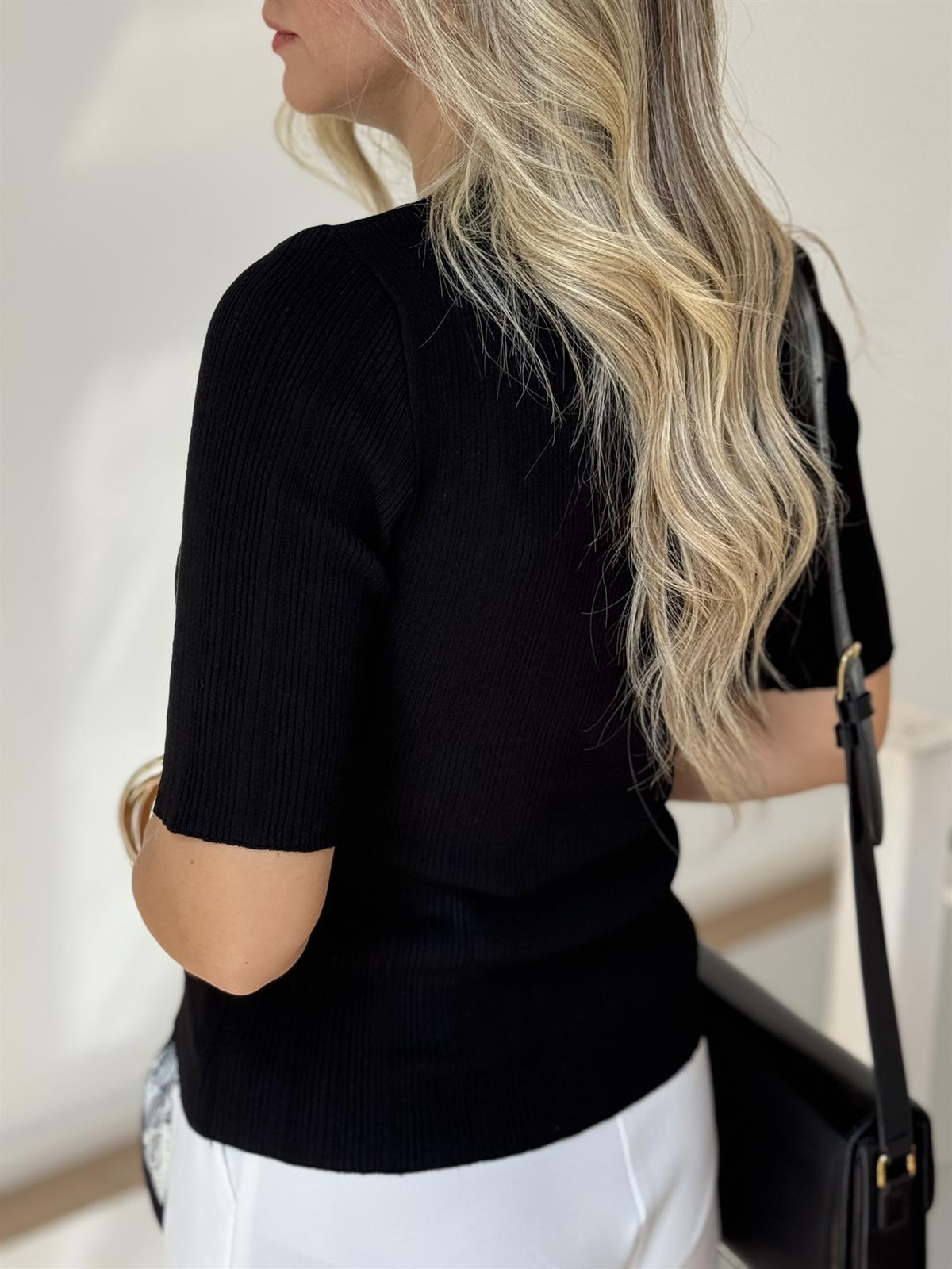 Dilvin Bisiklet Yaka Fitilli Düğmeli İnce Triko - Siyah