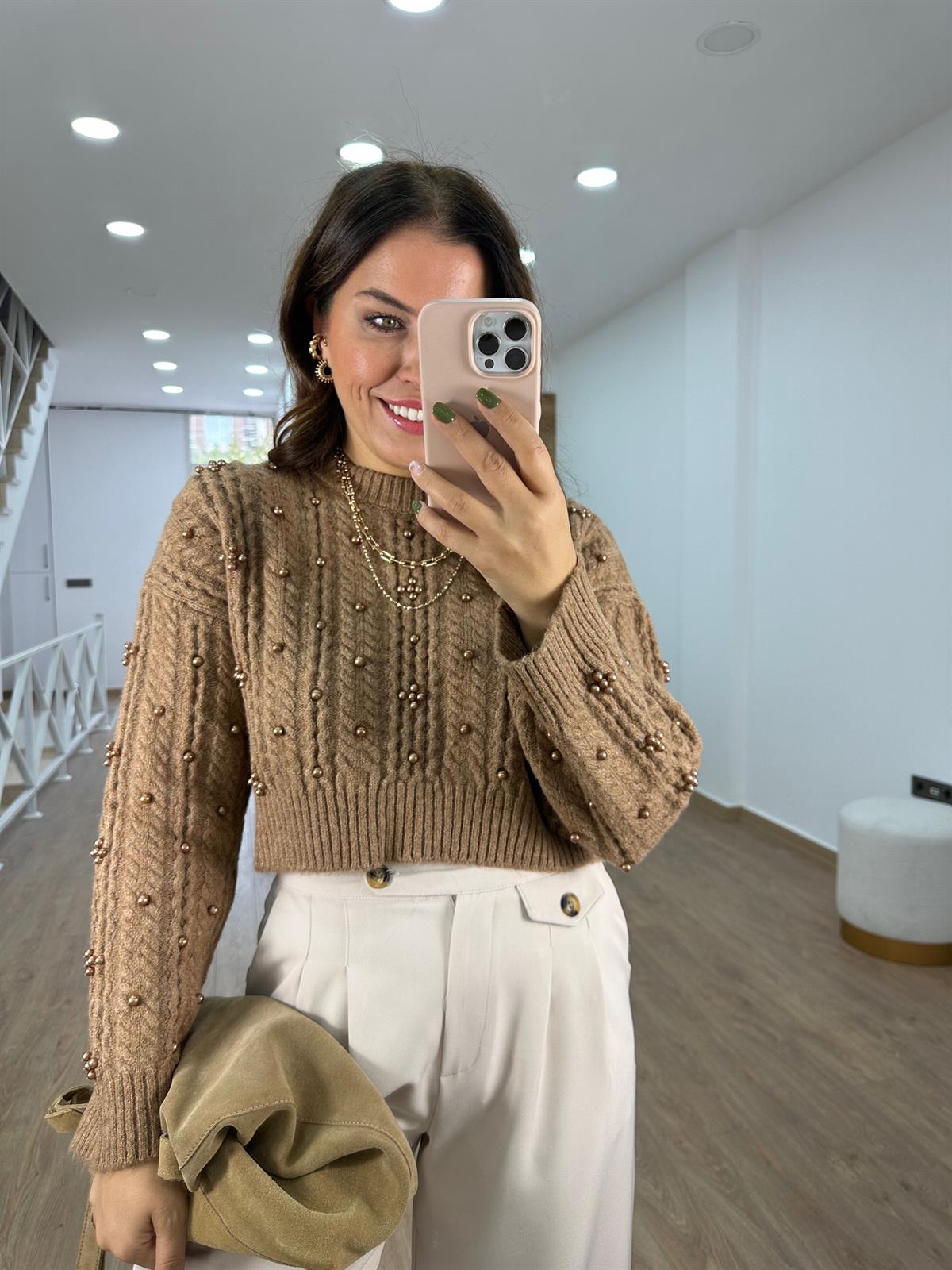 Dilvin Bisiklet Yaka İnci Çakımlı Kazak-Camel