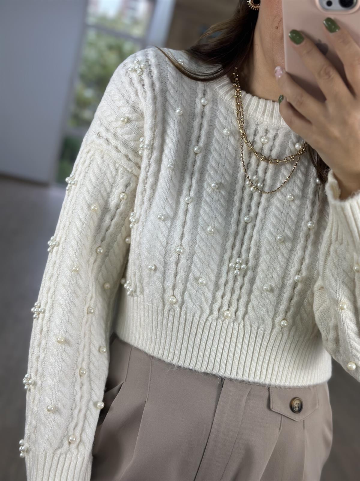 Dilvin Bisiklet Yaka İnci Çakımlı Kazak-Ekru