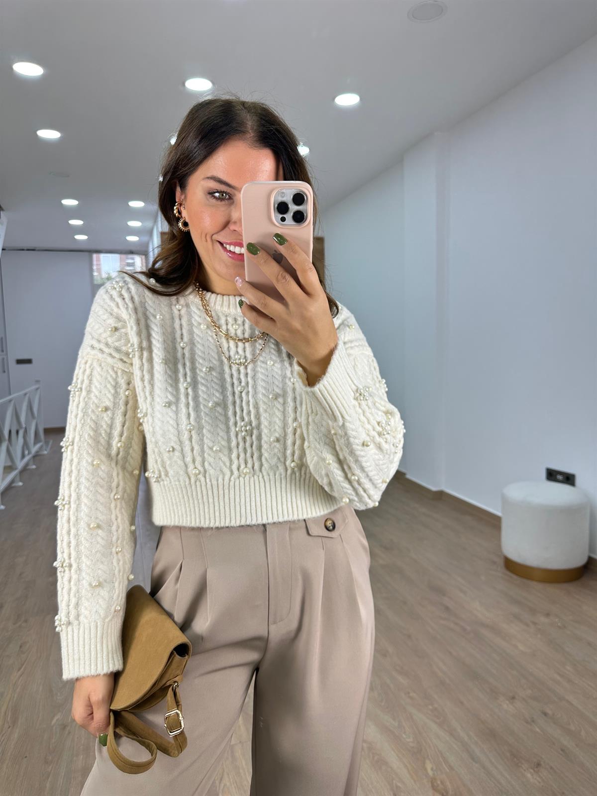 Dilvin Bisiklet Yaka İnci Çakımlı Kazak-Ekru