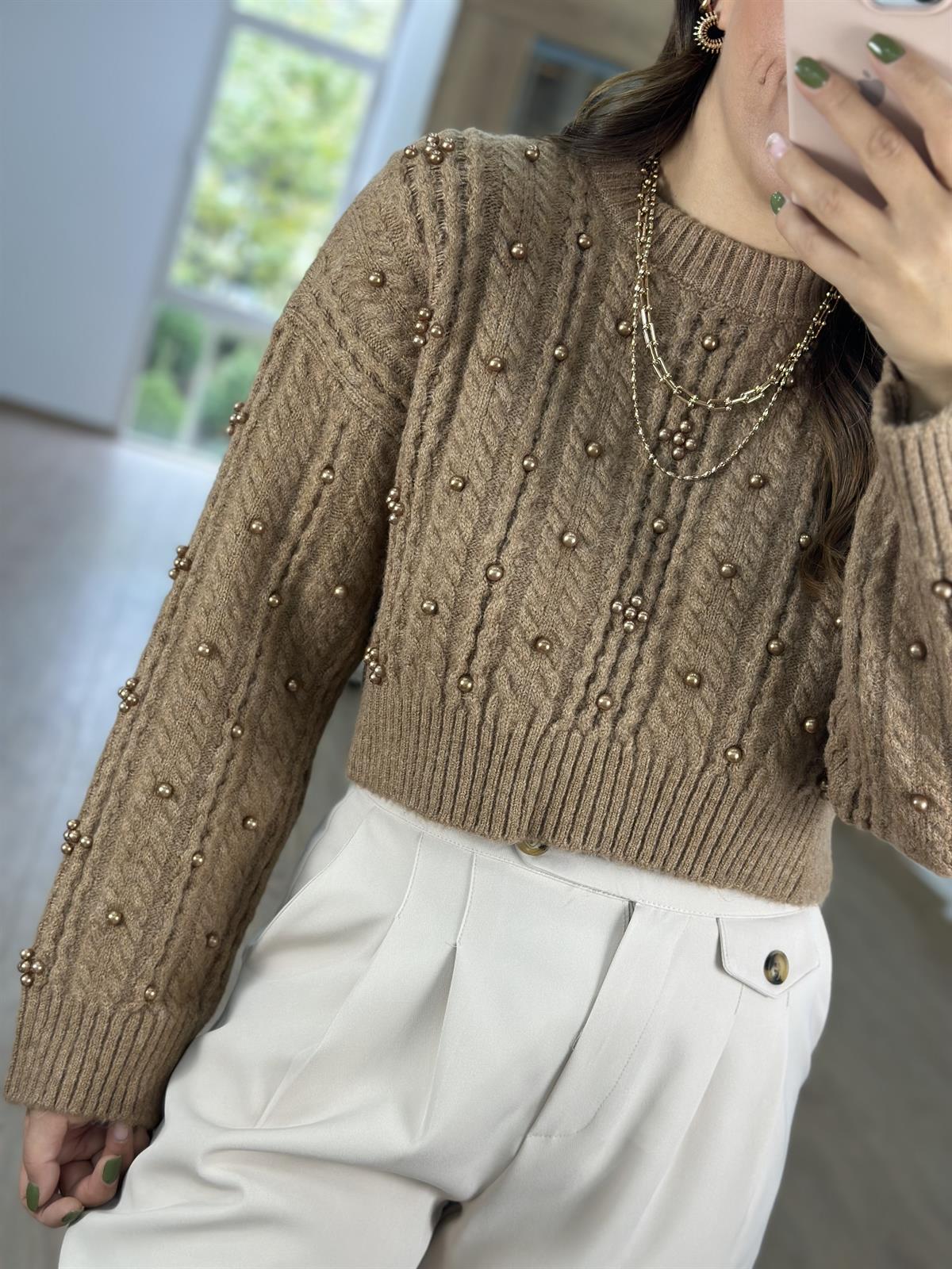 Dilvin Bisiklet Yaka İnci Çakımlı Kazak-Camel