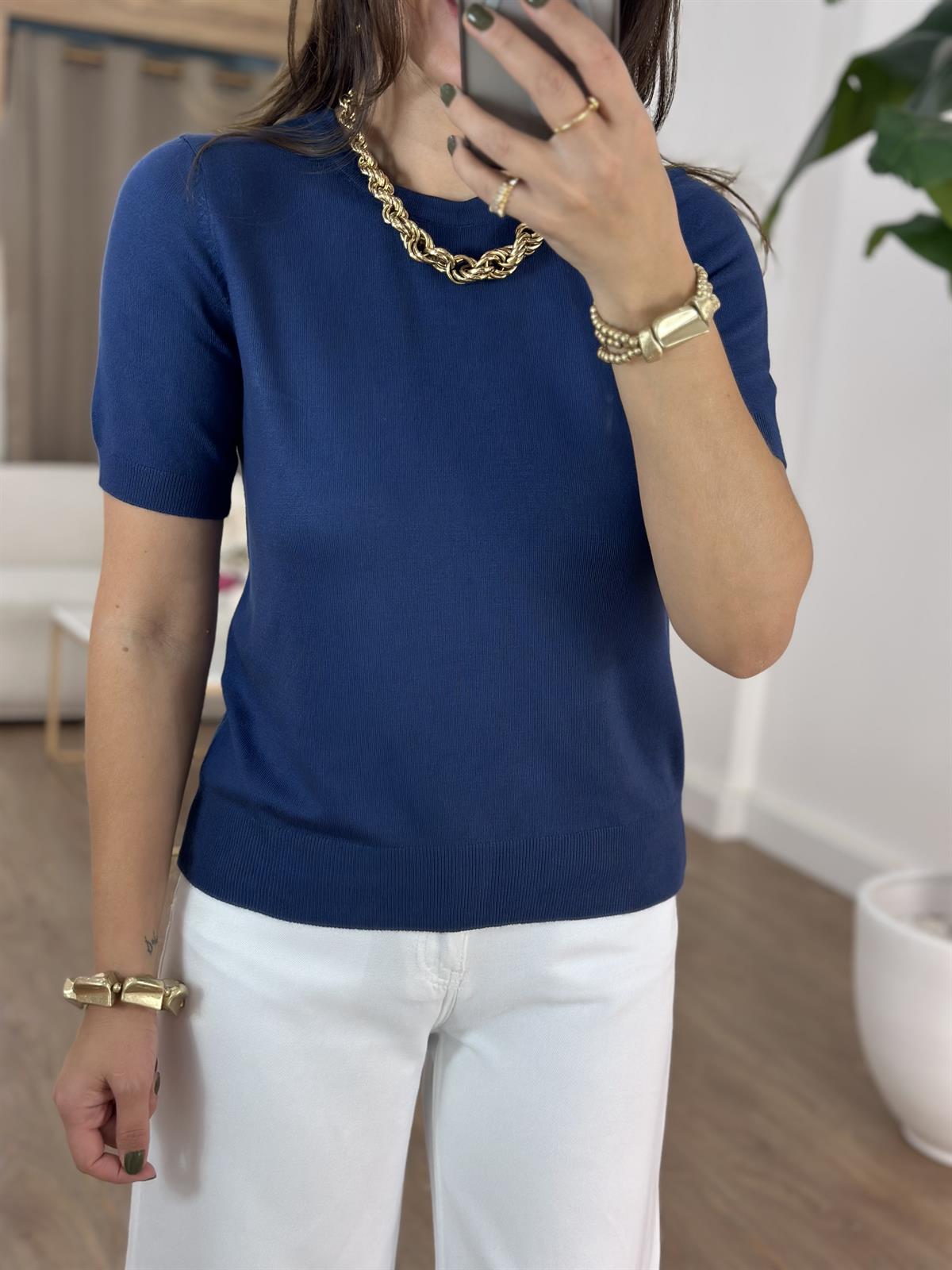 Dilvin Bisiklet Yaka Kısa Kol Basic Triko Bluz - İndigo