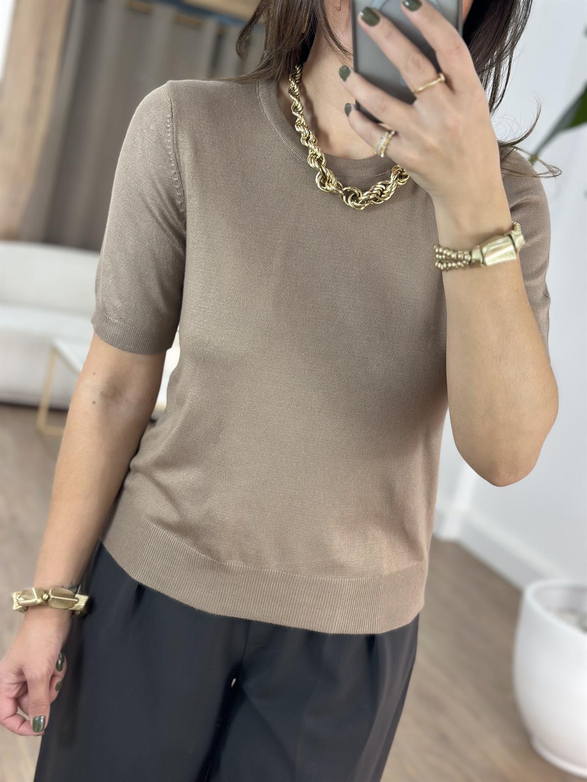 Dilvin Bisiklet Yaka Kısa Kol Basic Triko Bluz - Vizon