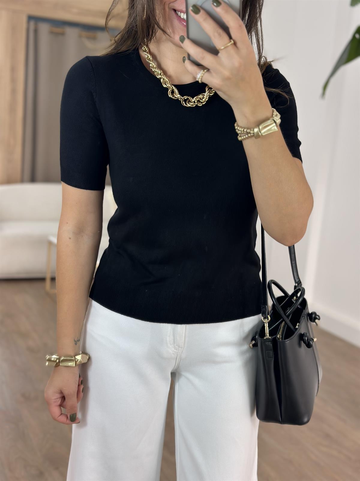 Dilvin Bisiklet Yaka Kısa Kol Basic Triko Bluz - Siyah