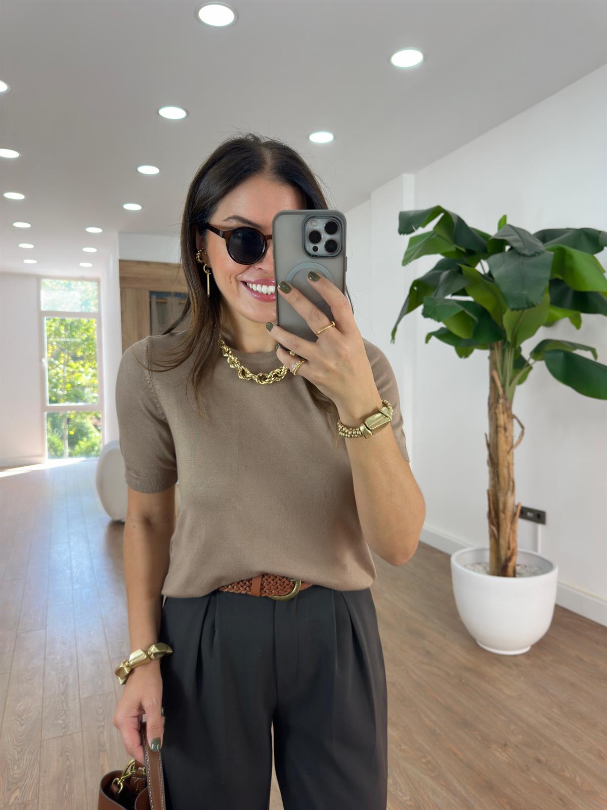 Dilvin Bisiklet Yaka Kısa Kol Basic Triko Bluz - Vizon