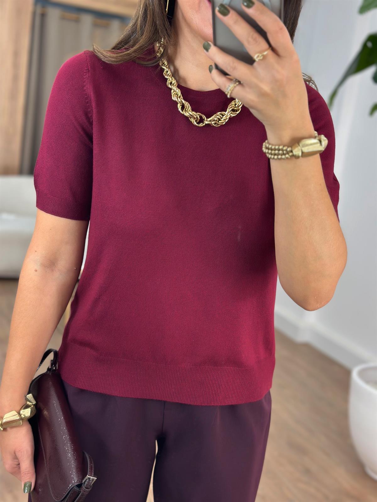 Dilvin Bisiklet Yaka Kısa Kol Basic Triko Bluz - Bordo