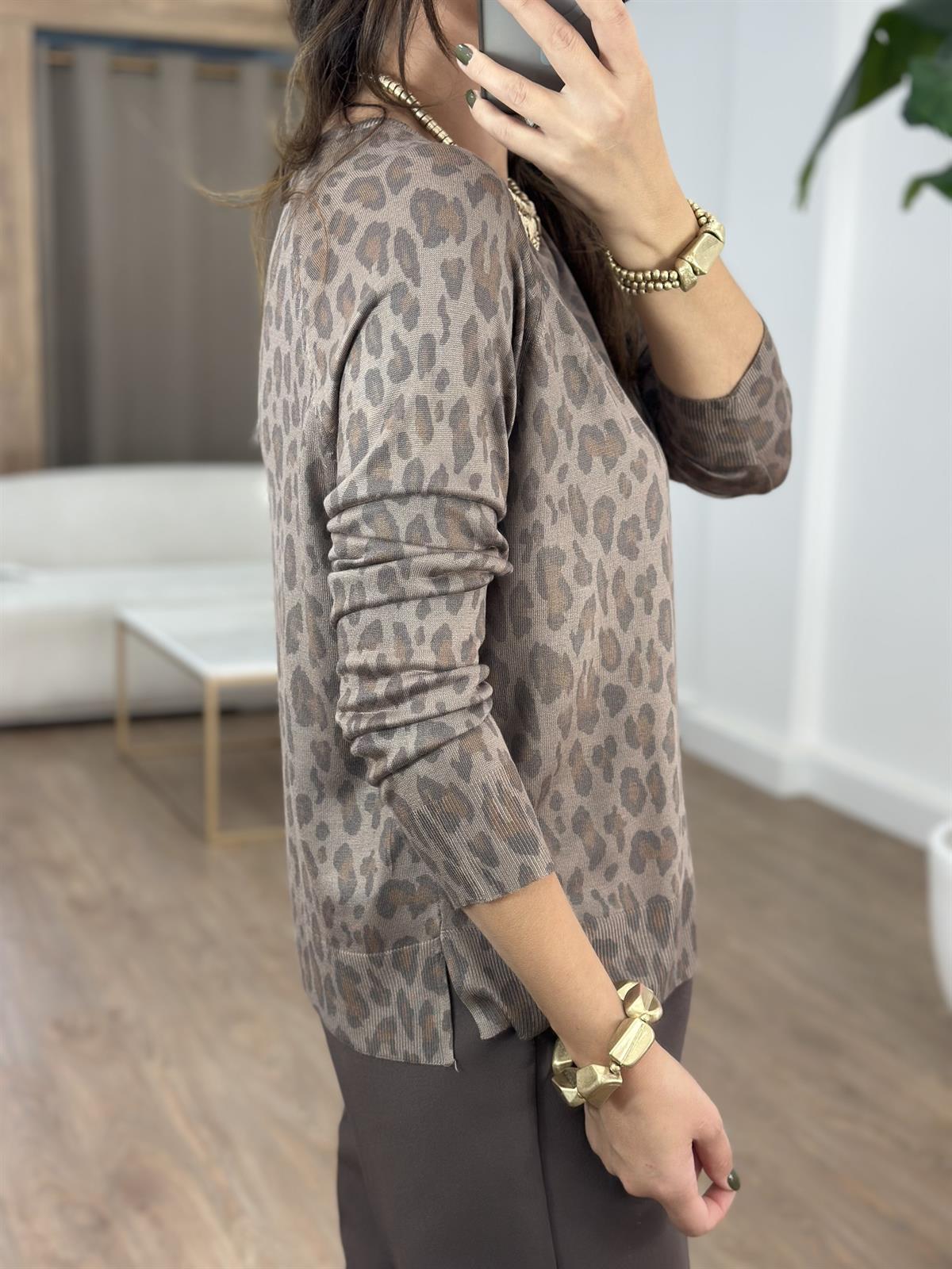Dilvin Bisiklet Yaka Leopar Baskılı Triko Kazak