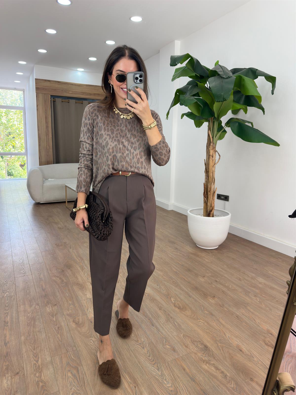 Dilvin Bisiklet Yaka Leopar Baskılı Triko Kazak