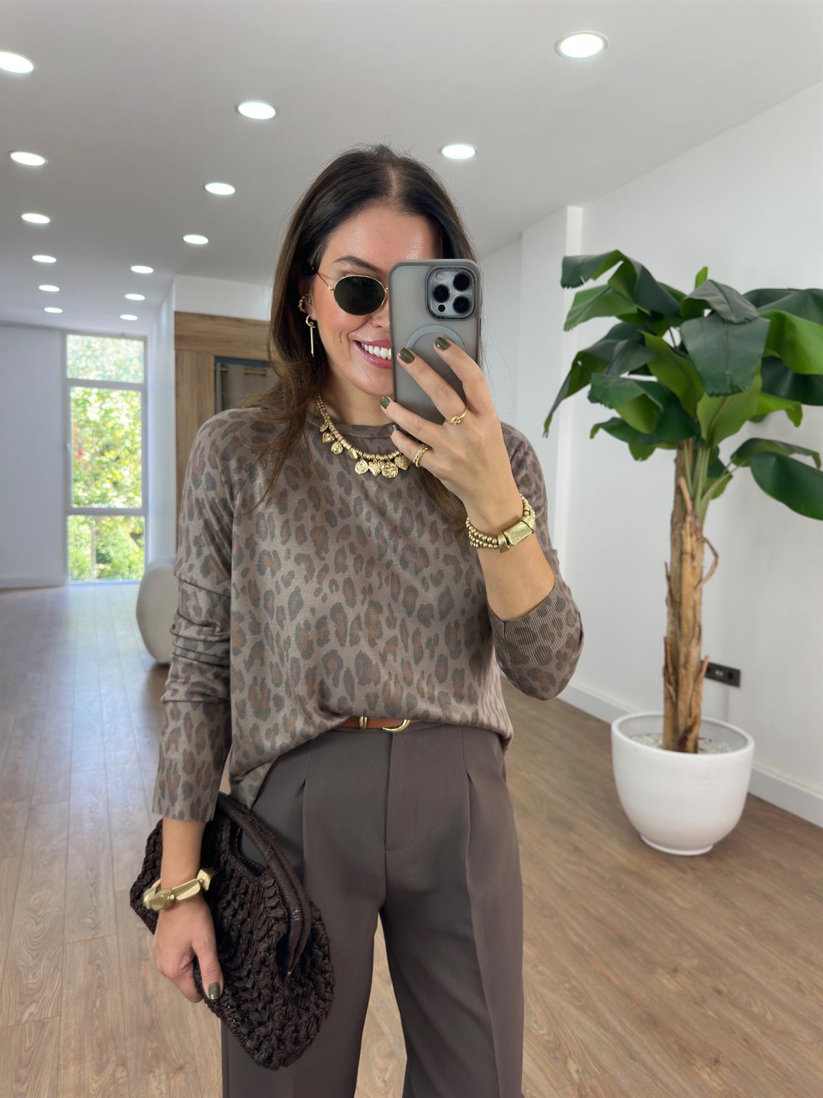 Dilvin Bisiklet Yaka Leopar Baskılı Triko Kazak