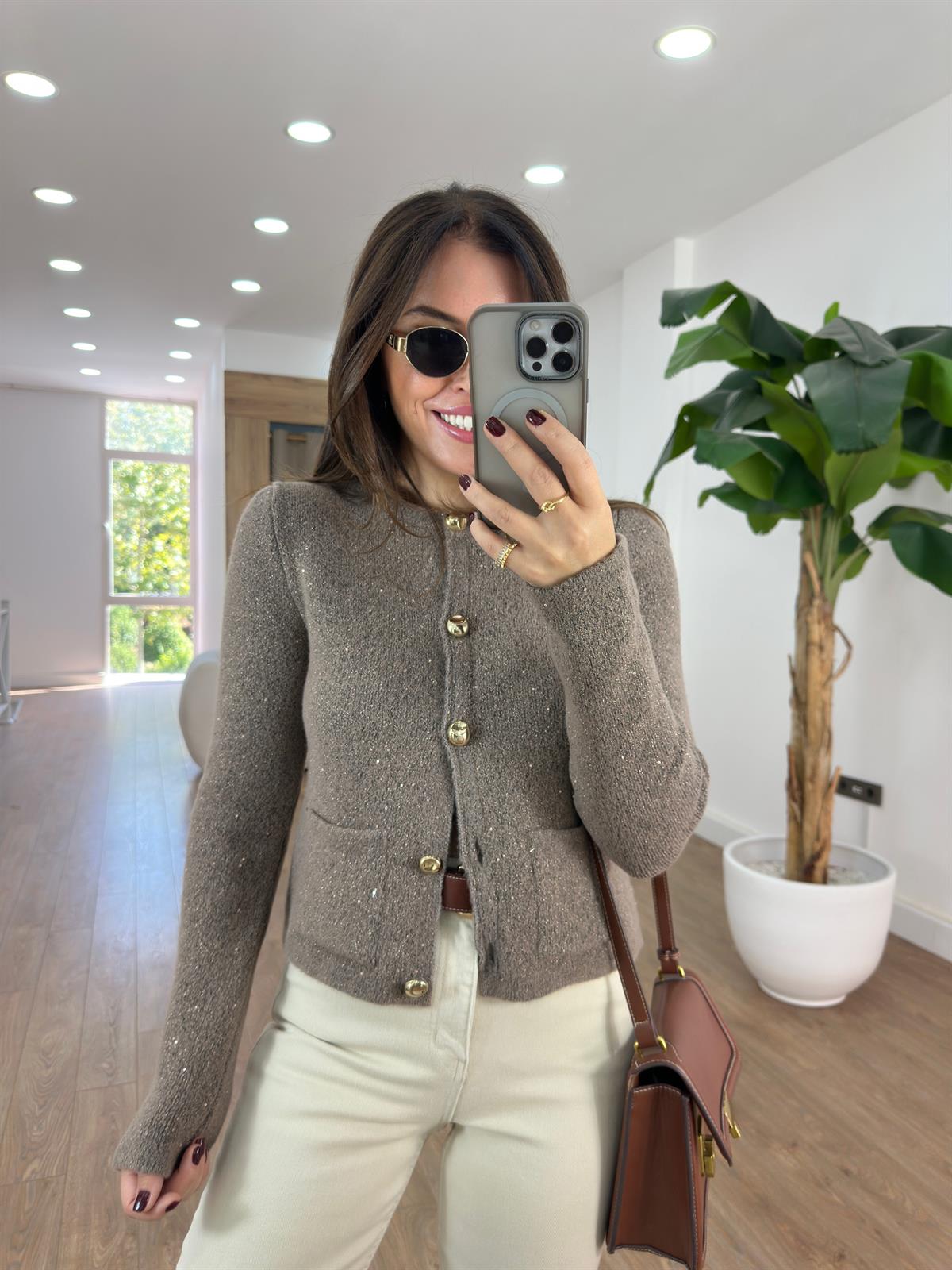 Dilvin Bisiklet Yaka Pullu Simli Düğmeli Triko Hırka - Kahverengi