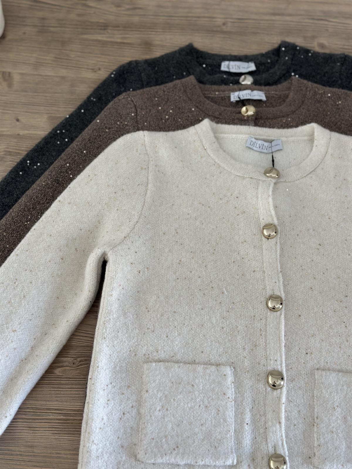 Dilvin Bisiklet Yaka Pullu Simli Düğmeli Triko Hırka - Kahverengi