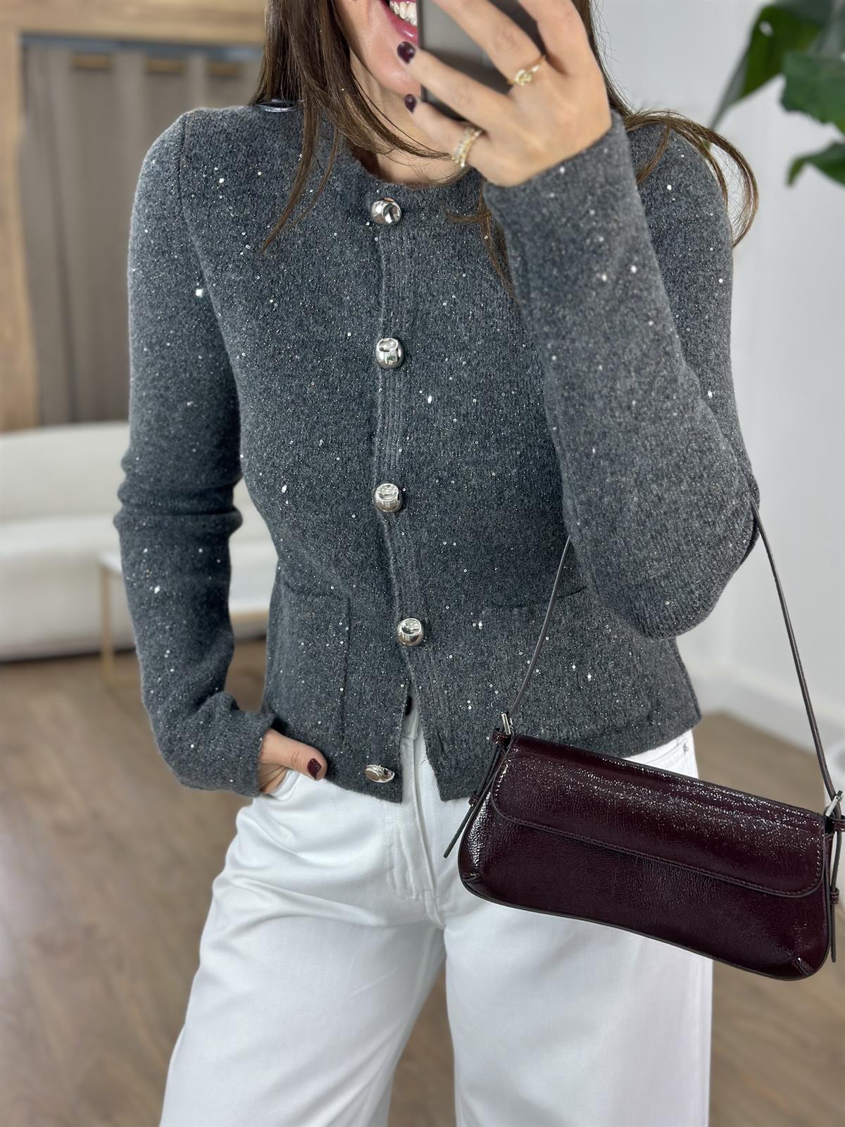 Dilvin Bisiklet Yaka Pullu Simli Düğmeli Triko Hırka - Antrasit