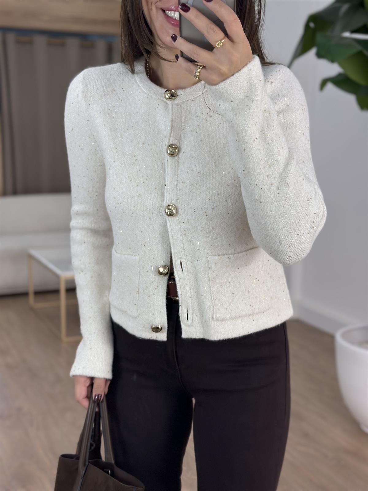 Dilvin Bisiklet Yaka Pullu Simli Düğmeli Triko Hırka - Ekru