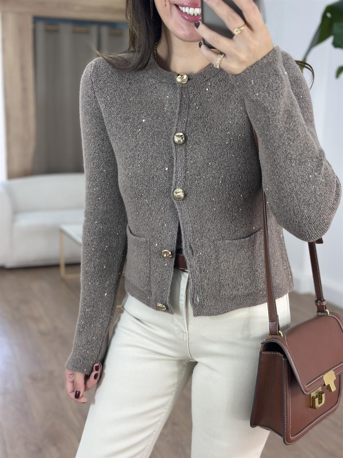 Dilvin Bisiklet Yaka Pullu Simli Düğmeli Triko Hırka - Kahverengi