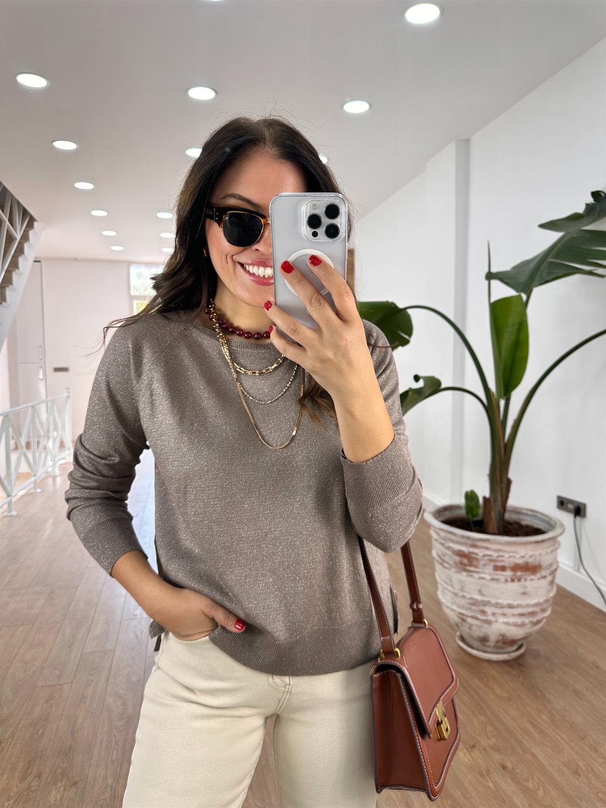 Dilvin Bisiklet Yaka Simli İnce Triko Kazak - Vizon