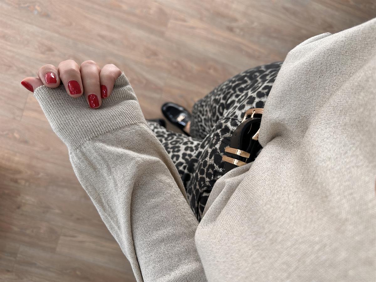 Dilvin Bisiklet Yaka Simli İnce Triko Kazak -Bej