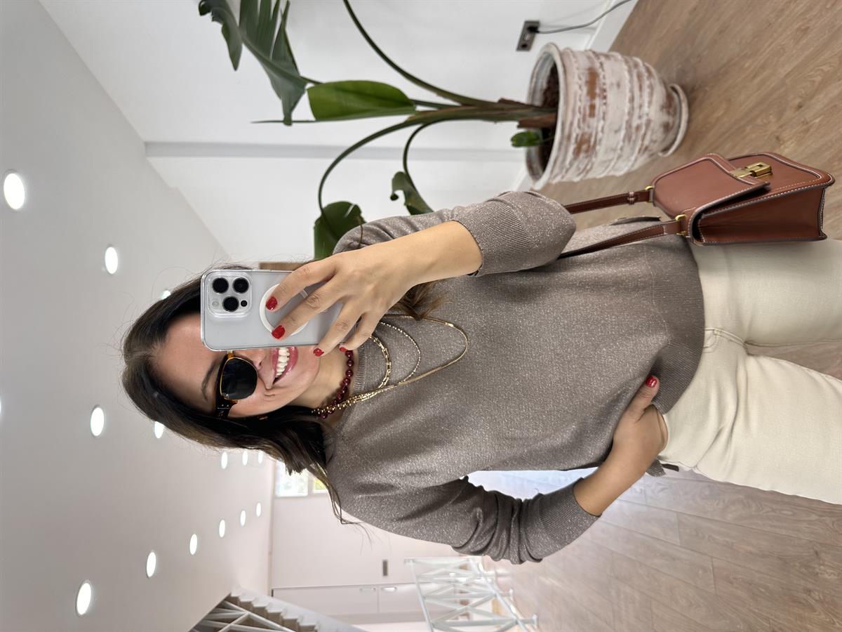 Dilvin Bisiklet Yaka Simli İnce Triko Kazak - Vizon