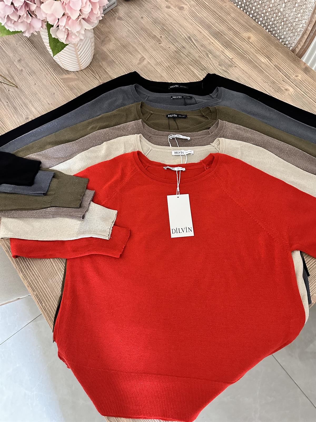 Dilvin Bisiklet Yaka Simli İnce Triko Kazak - Kırmızı