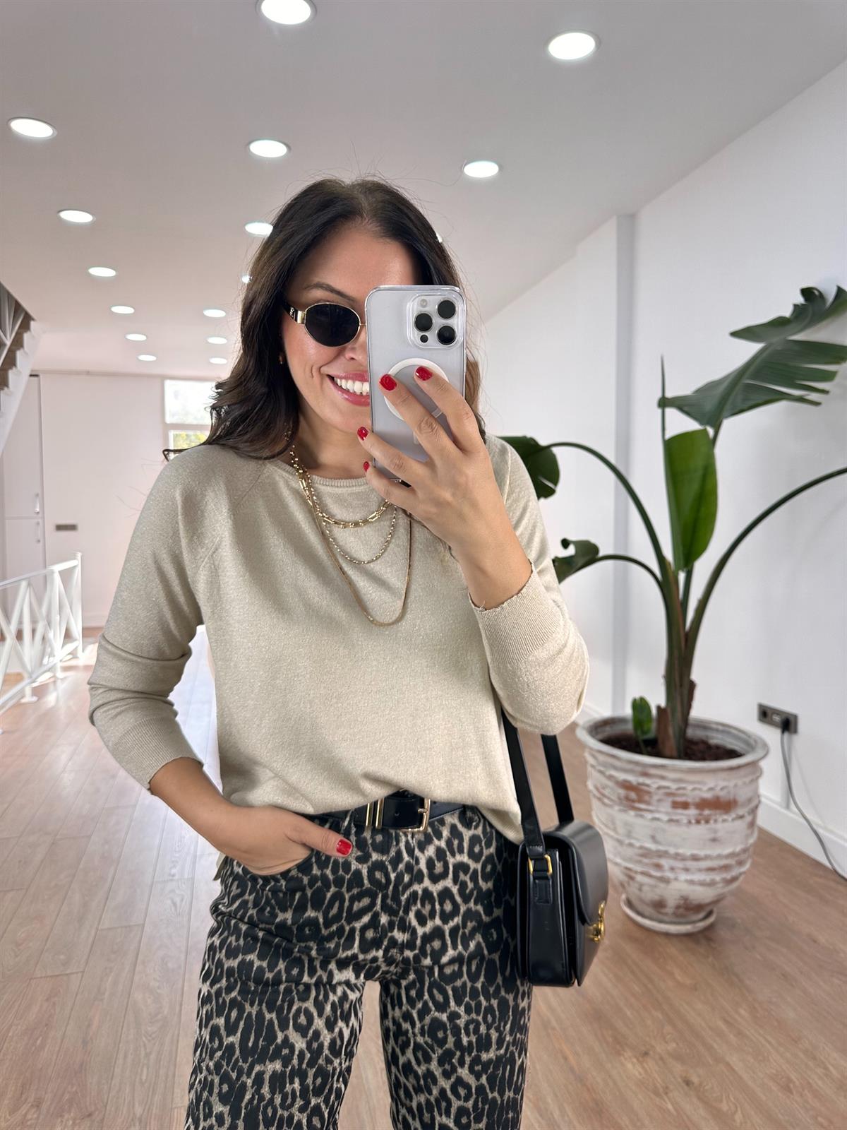 Dilvin Bisiklet Yaka Simli İnce Triko Kazak -Bej