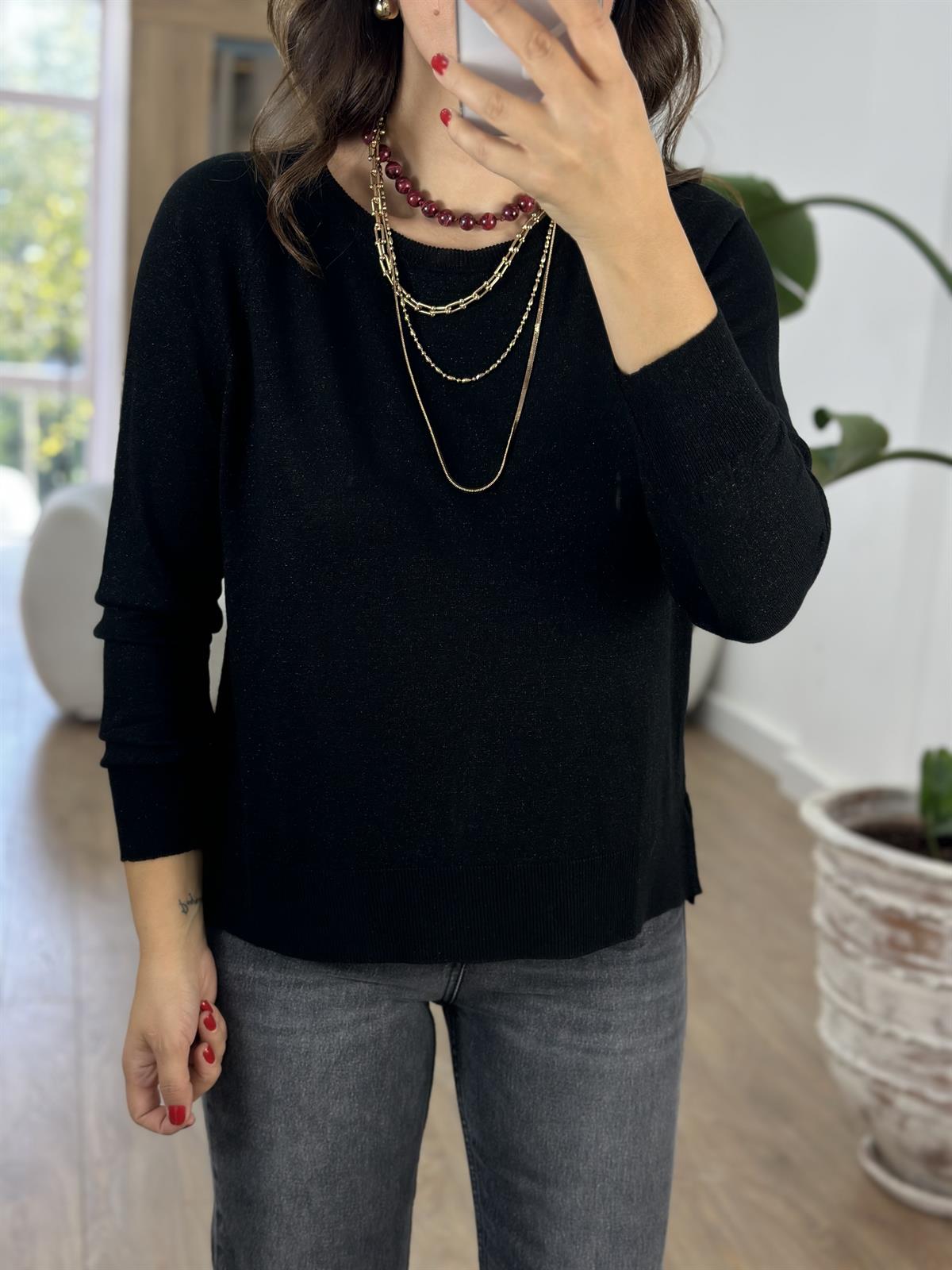 Dilvin Bisiklet Yaka Simli İnce Triko Kazak - Siyah