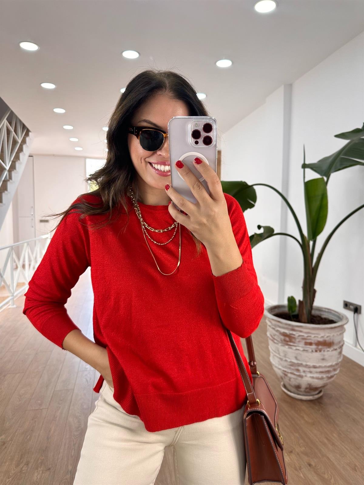 Dilvin Bisiklet Yaka Simli İnce Triko Kazak - Kırmızı