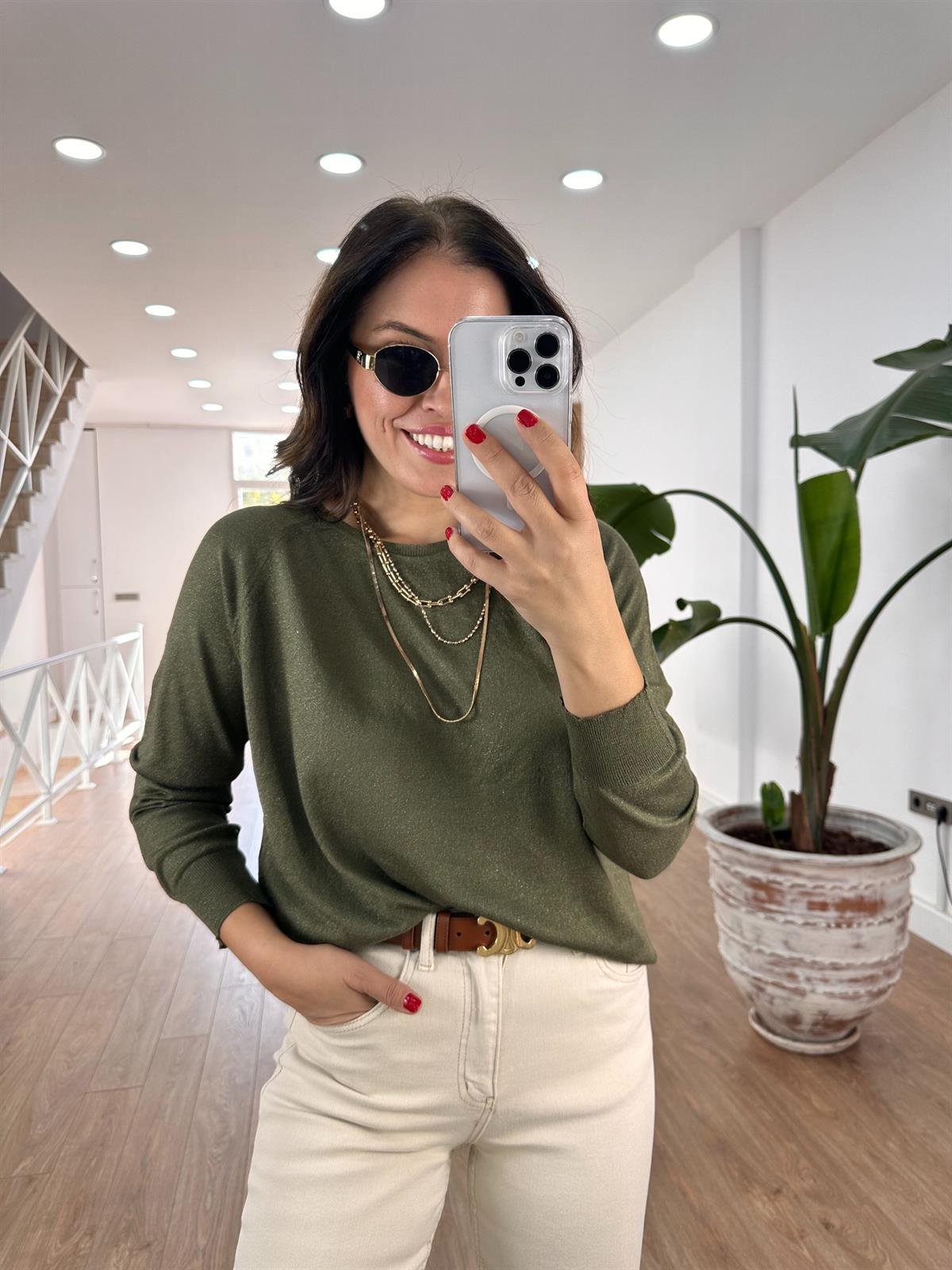 Dilvin Bisiklet Yaka Simli İnce Triko Kazak - Haki